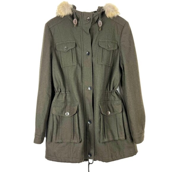 Marc New York Wool Blend Hooded Duffle Coat. Fur Trim. Olive Green. Size 14